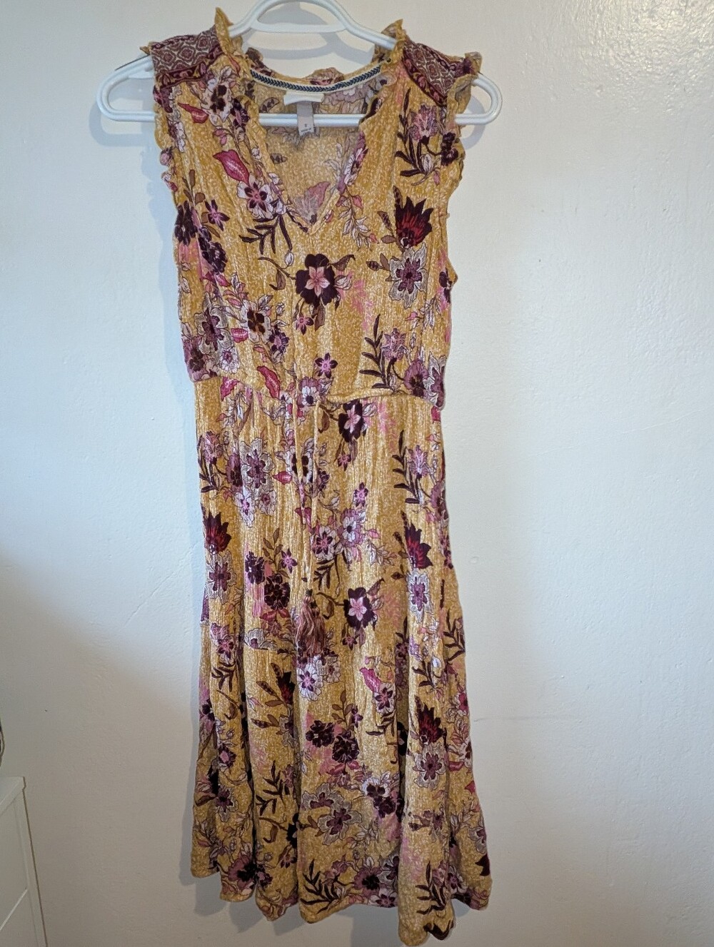 Knox Rose Mustard Floral Ruffle Midi Dress with Purple Accents
